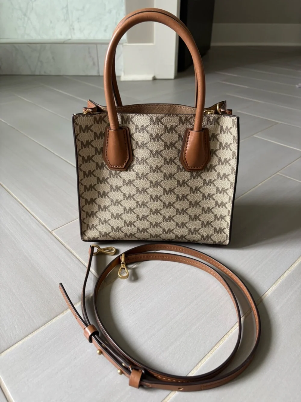 Michael Kors Medium Mercer Canvas Crossbody | Tan and Beige with Logo Print